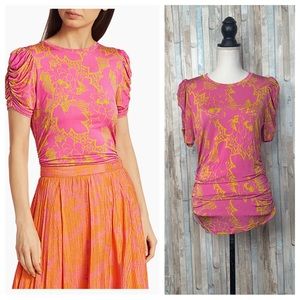 Tanya Taylor 0X Plus Pink Chaia Floral Print Ruched Slinky Jersey Top Blouse Tee